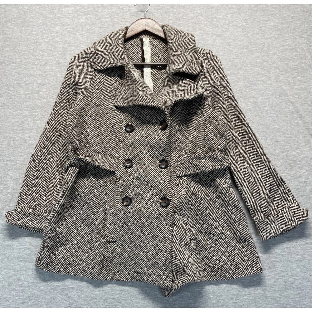 Cavalini Pea Coat Womens PXL Brown White Herringbone Wool Blend Double Breasted